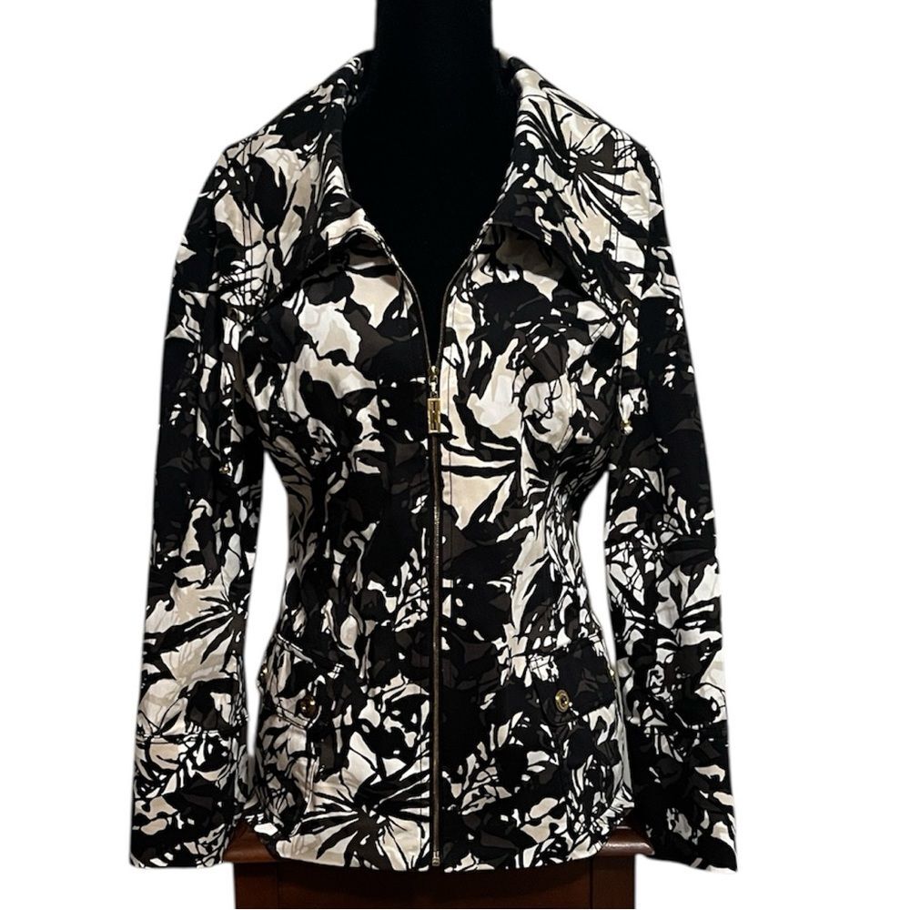 St. John Yellow Label Printed Zip Up Black Tan Jacket Cotton 6